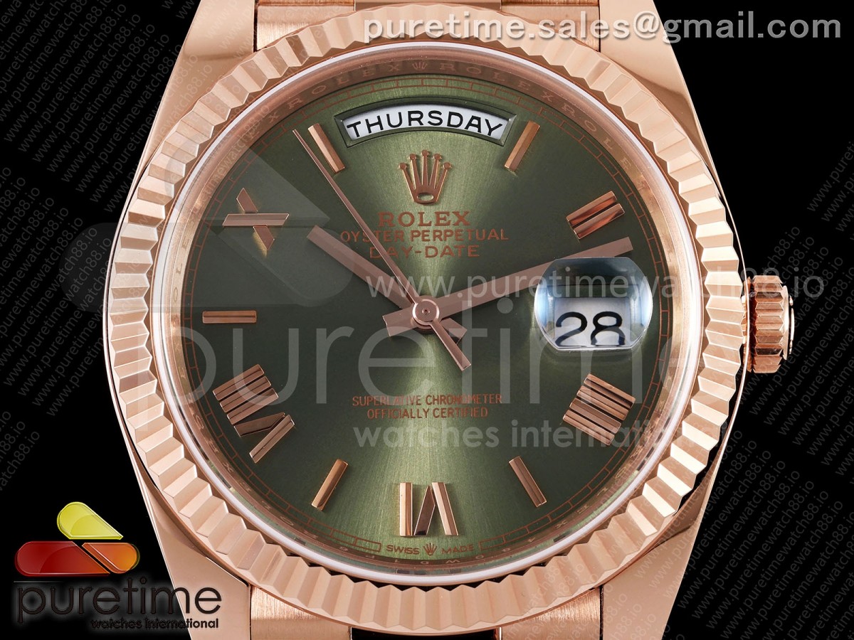 Day Date 40 RG TMF Green Roman Dial on President Bracelet VR3255