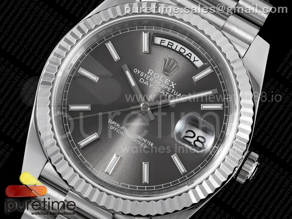 Day Date 40 SS TMF Gray Stick Dial on President Bracelet VR3255