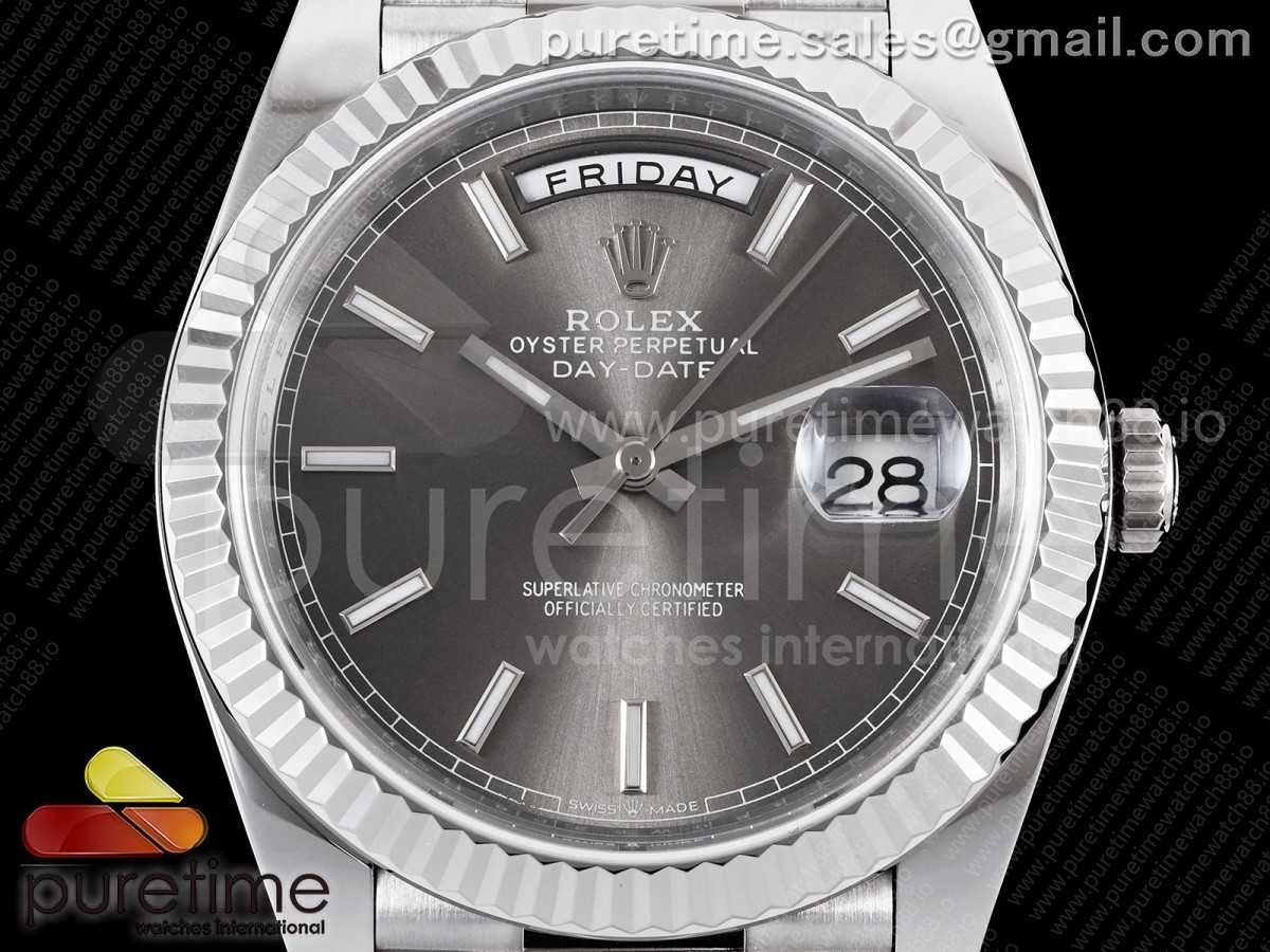 Day Date 40 SS TMF Gray Stick Dial on President Bracelet VR3255