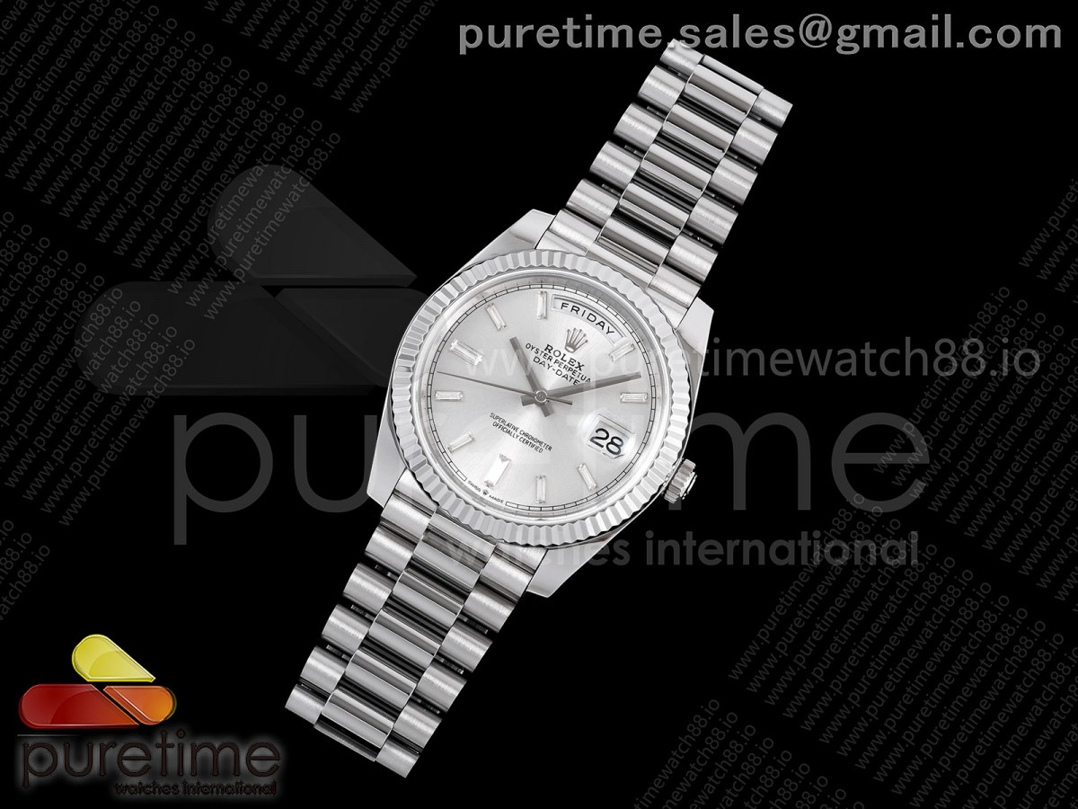 Day Date 40 SS TMF Silver Crystal Dial on President Bracelet VR3255