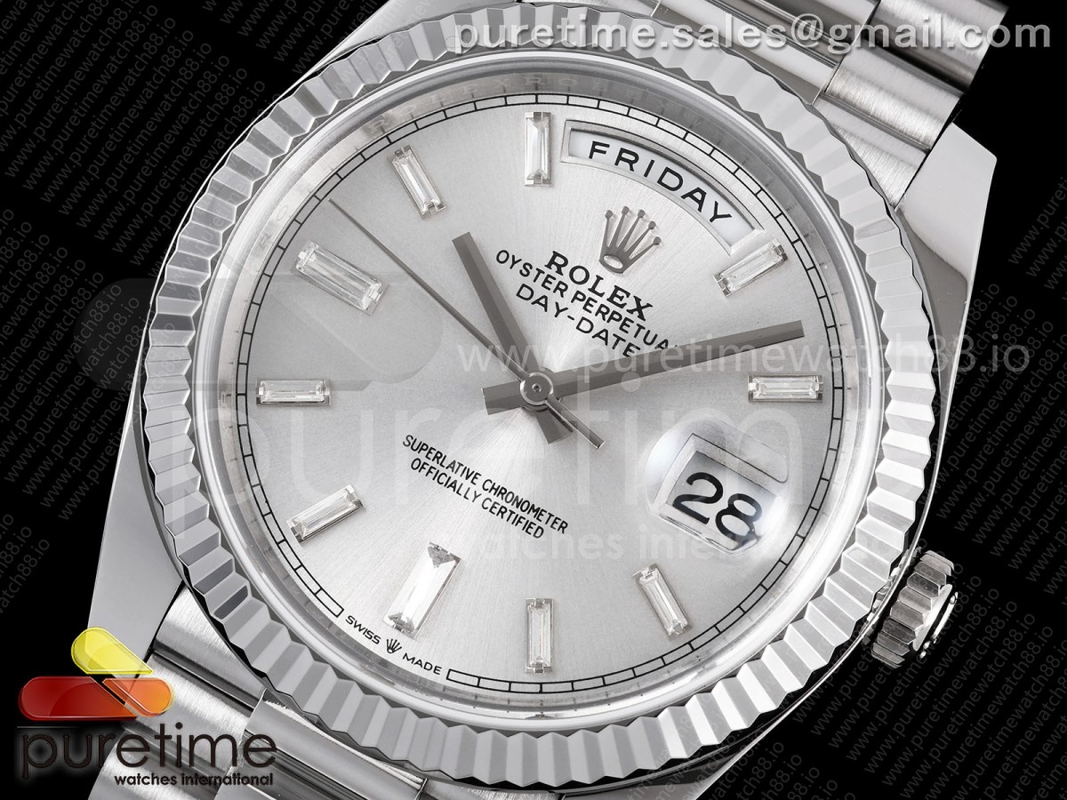 Day Date 40 SS TMF Silver Crystal Dial on President Bracelet VR3255