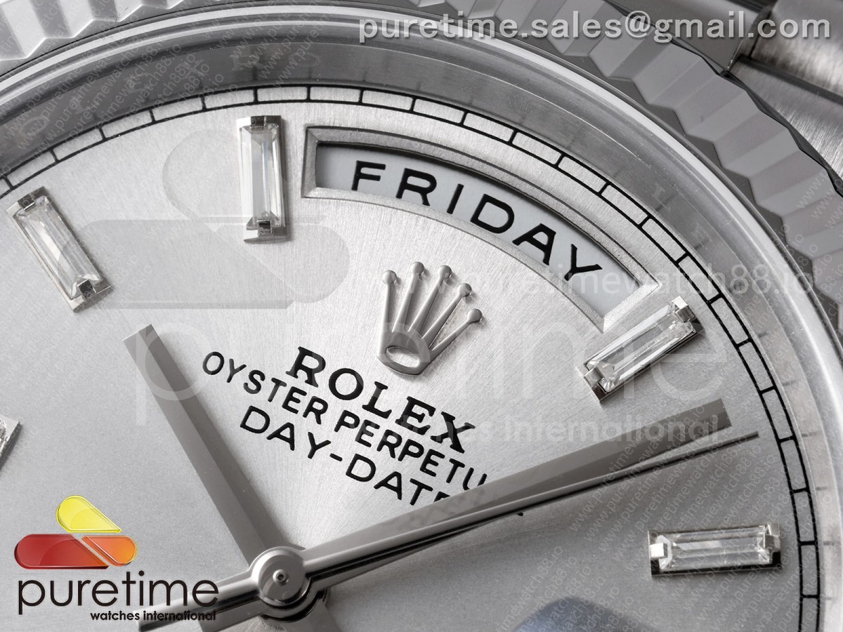 Day Date 40 SS TMF Silver Crystal Dial on President Bracelet VR3255