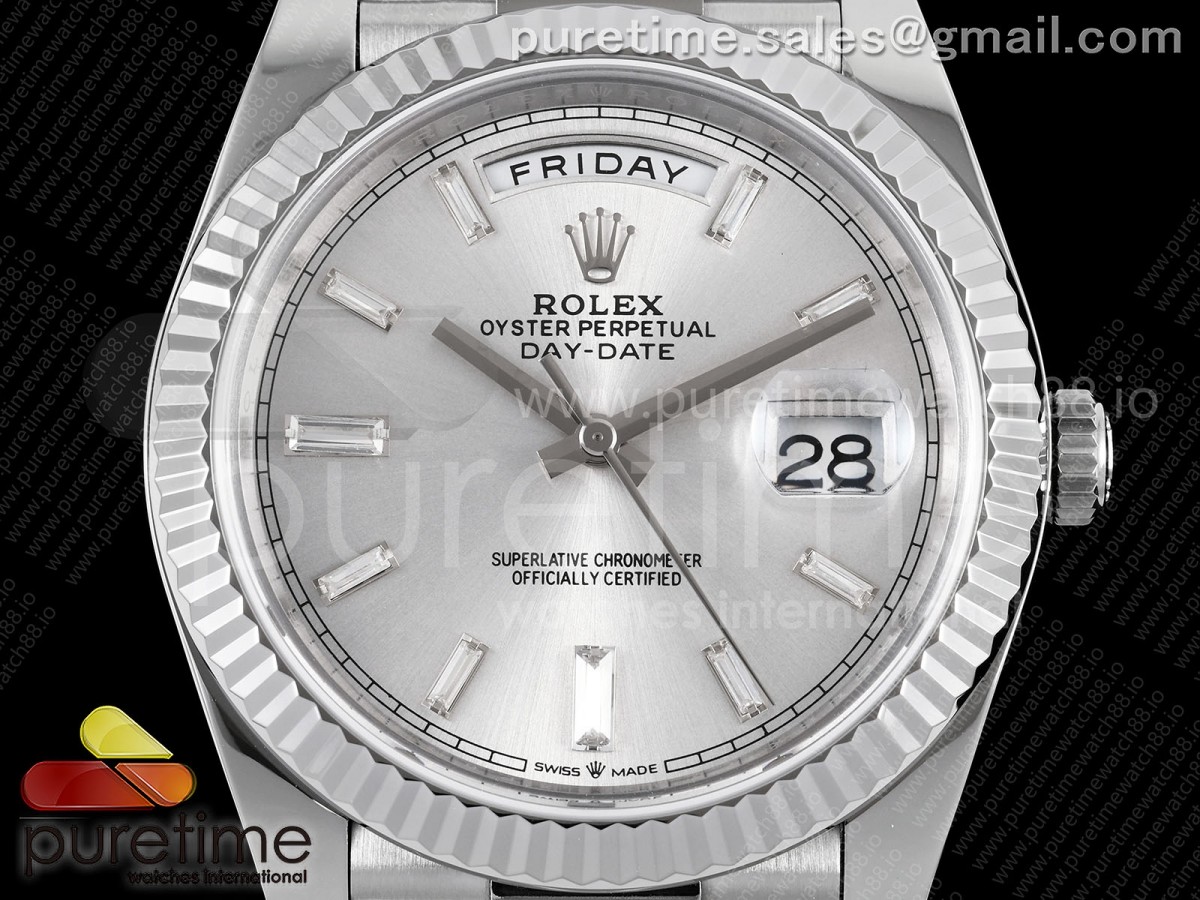 Day Date 40 SS TMF Silver Crystal Dial on President Bracelet VR3255