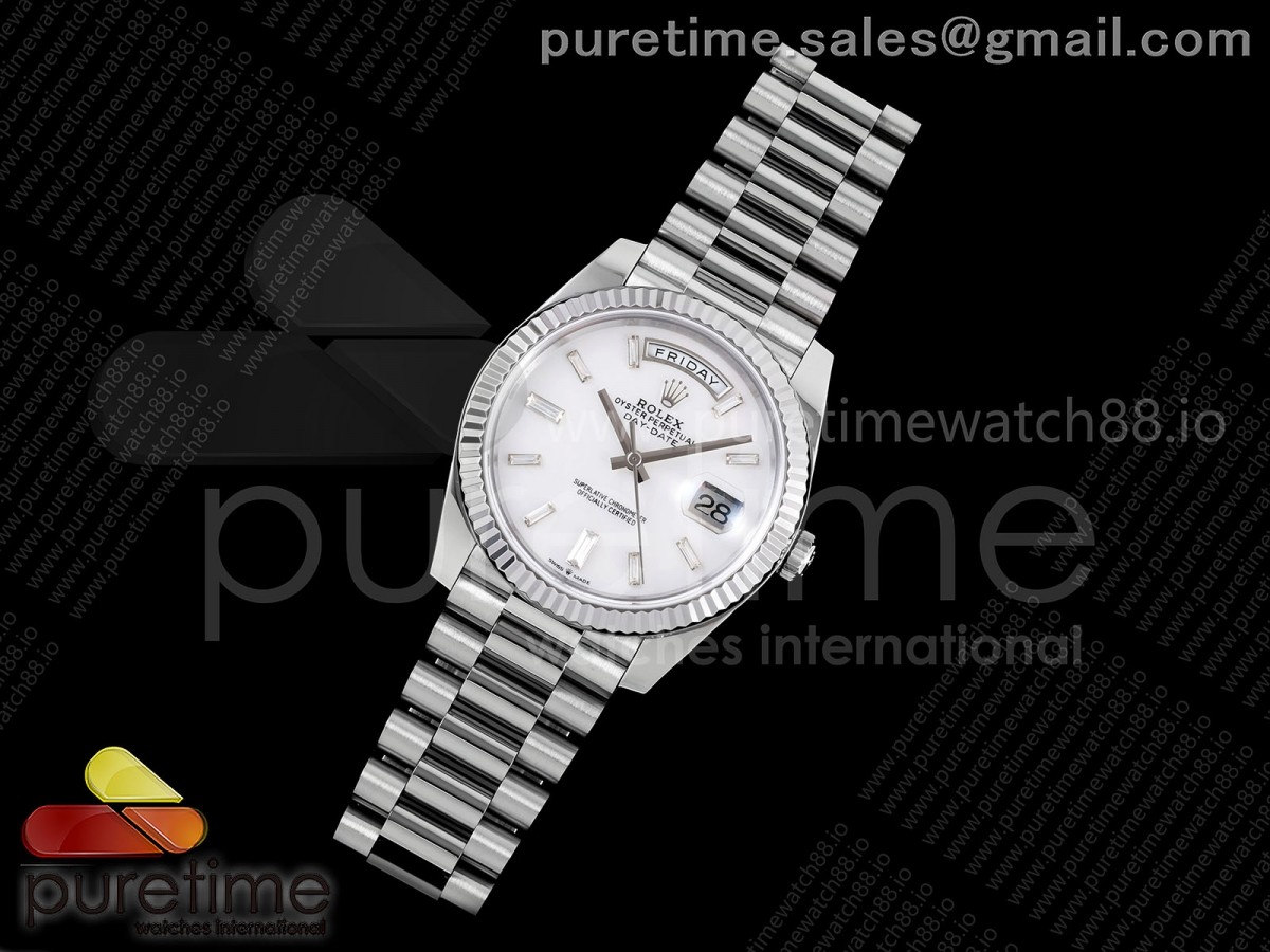 Day Date 40 SS TMF White MOP Crystal Dial on President Bracelet VR3255