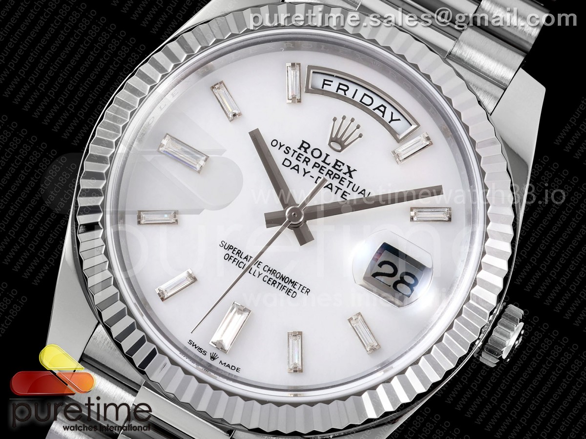 Day Date 40 SS TMF White MOP Crystal Dial on President Bracelet VR3255