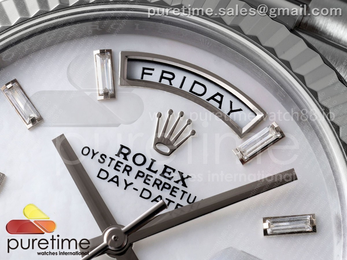 Day Date 40 SS TMF White MOP Crystal Dial on President Bracelet VR3255