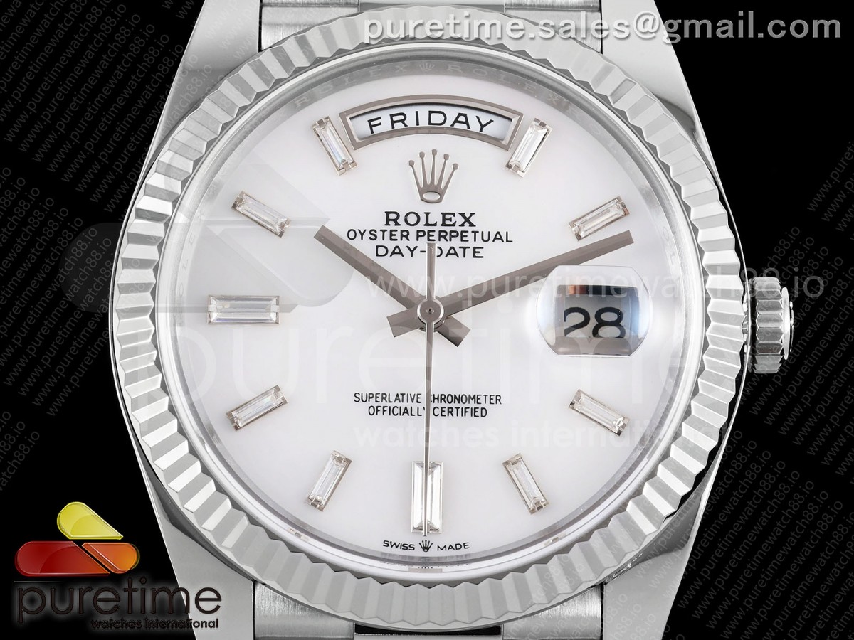 Day Date 40 SS TMF White MOP Crystal Dial on President Bracelet VR3255