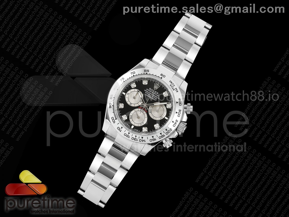 Daytona 126509 QF Black/Silver Diamonds Dial on SS Bracelet JH4131 (Free Sprung) V18