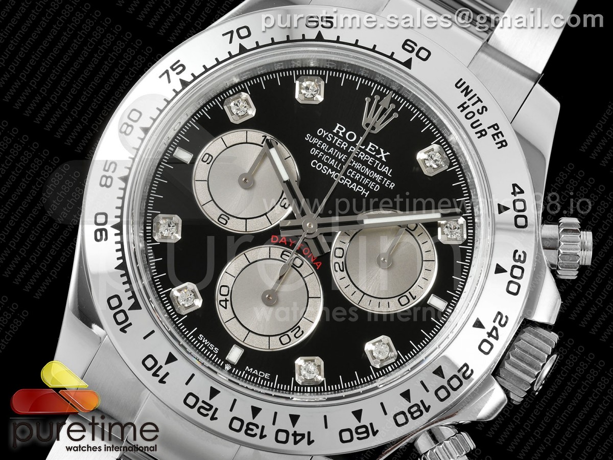 Daytona 126509 QF Black/Silver Diamonds Dial on SS Bracelet JH4131 (Free Sprung) V18