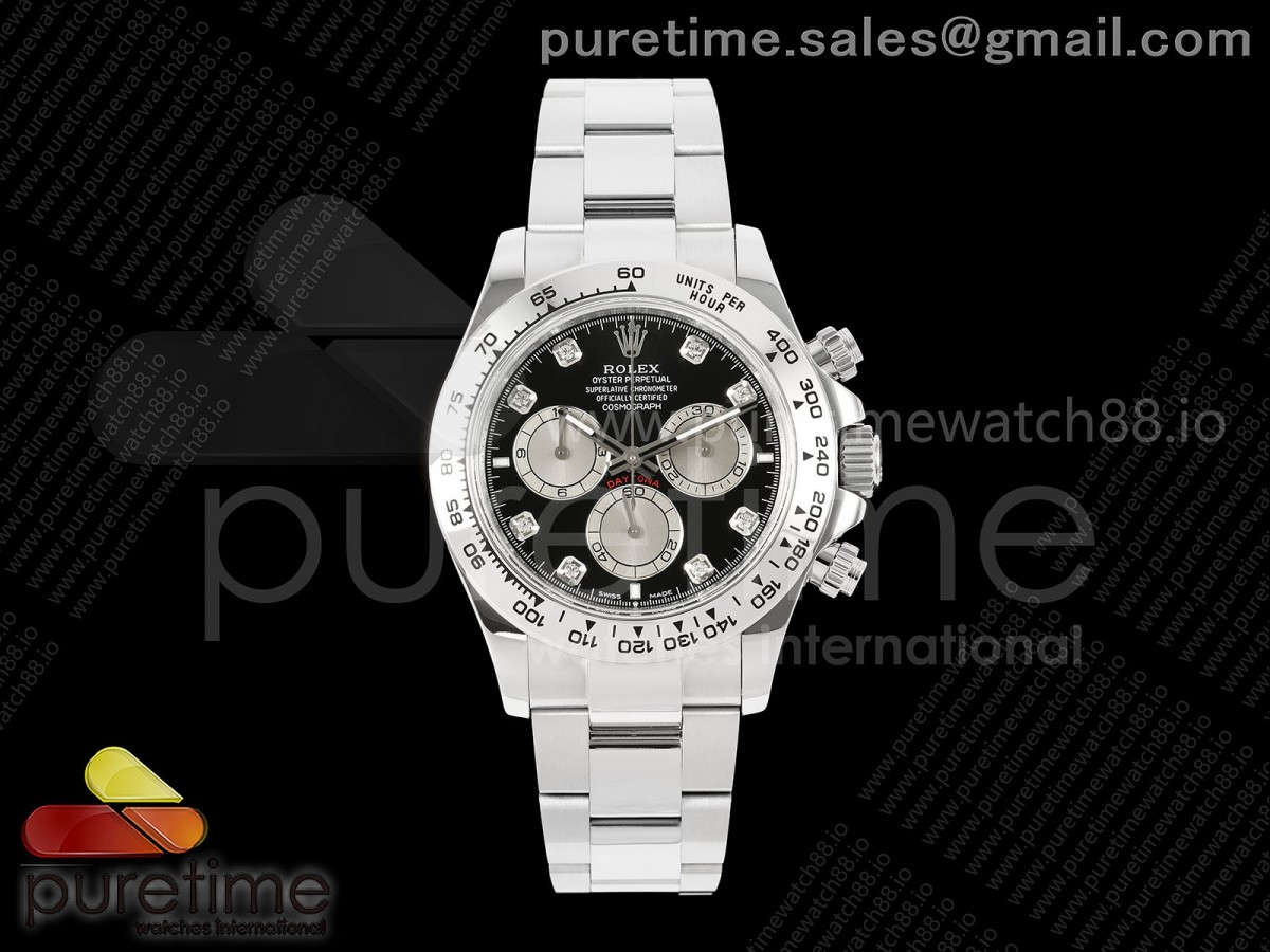 Daytona 126509 QF Black/Silver Diamonds Dial on SS Bracelet JH4131 (Free Sprung) V18