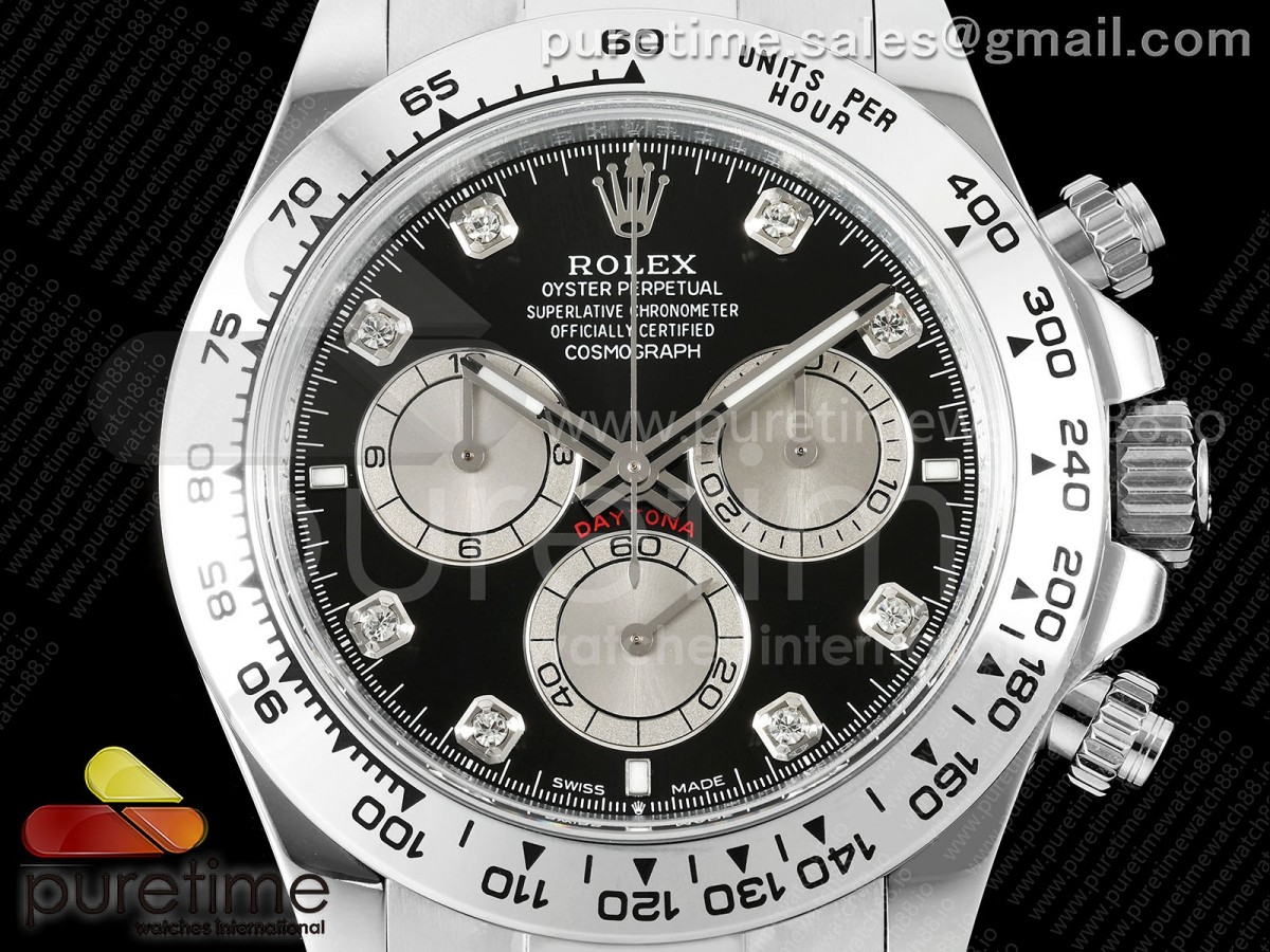 Daytona 126509 QF Black/Silver Diamonds Dial on SS Bracelet JH4131 (Free Sprung) V18