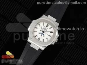 Nautilus 5726 Complicated SS PPF White Textured Dial on Black Rubber Strap A324
