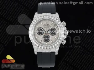 Daytona SS Full Diamantes JVSF 904L de acero gris/negro Esfera en Oysterflex Correa A7750