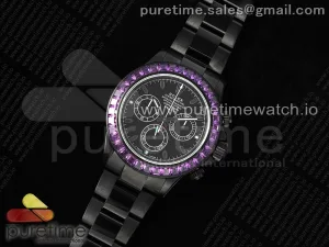 Daytona PVD Noob Schwarzes Zifferblatt lila Diamanten Lünette auf PVD Armband SA4130