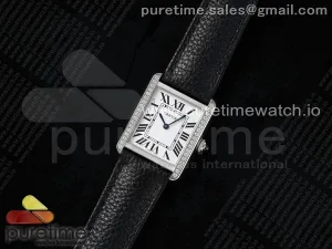 Tank Solo Ladies 25mm SS AF White Dial Diamonds Bezel on Black Leather Strap Ronda Quartz