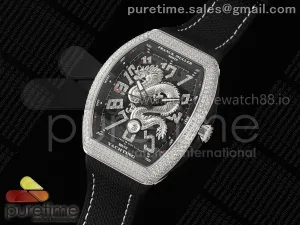 Vanguard V45 SS Full Diamonds ABF Silver Dragon Red Dial on Black Nylon Strap A2824