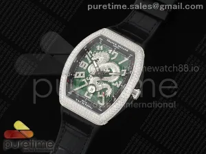 Vanguard V45 SS Full Diamonds ABF Silver Dragon Green Dial on Black Gummy Strap A2824