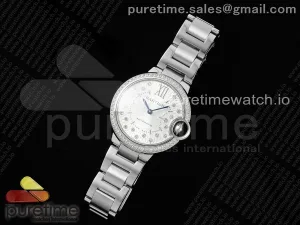 Ballon Bleu 33mm AF Silver Textured Dial Diamonds Bezel on SS Bracelet Ronda Quartz