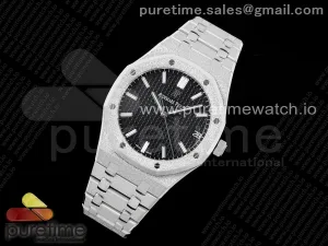 Royal Oak 41mm 15500 Gefrorene SS APSF Schwarzes Texturiertes Zifferblatt auf SS-Armband SA4302