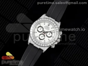 Daytona SS Full Diamantes JVSF 904L de acero blanco Panda Esfera en Oysterflex Correa A7750