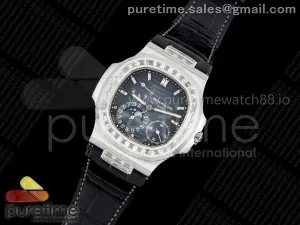 Nautilus 5712 Full Diamonds SS PPF Blue Dial on Black Leather Strap A240 V3