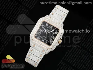 Santos 40mm Full Diamonds SS/RG TWF Black Roman Dial on Bracelet MIYOTA 9015