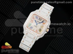 Santos 40mm Full Diamonds SS/RG TWF RG Diamonds Colorful Roman Dial on Bracelet MIYOTA 9015