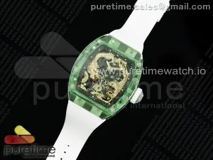 RM57 Green Transparent Tourbillon RMF Gold Dragon Eagle Dial on White Rubber Strap