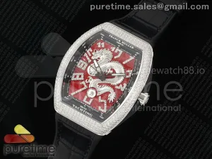 Vanguard V45 SS Full Diamonds ABF Silver Dragon Red Dial on Black Gummy Strap A2824
