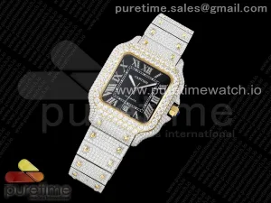 Santos 40mm Full Diamonds SS/YG TWF Black Roman Dial on Bracelet MIYOTA 9015