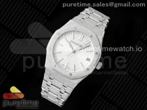 Royal Oak 41mm 15500 Gefrorenes SS APSF weißes Texturiertes Zifferblatt auf SS-Armband SA4302 V2