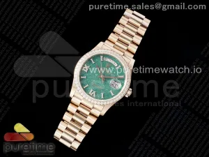 Day Date 36 RG TWSF Green Roman Diamonds Dial Diamonds Bezel on RG Bracelet A2836