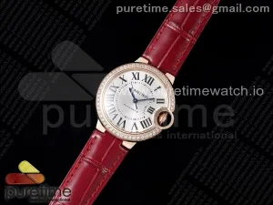 Ballon Bleu 33mm RG AF Silver Dial Diamonds Bezel on Red Leather Strap SEIKO NH05A