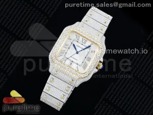 Santos 40mm Full Diamonds SS/YG TWF Silver Roman Dial on Bracelet MIYOTA 9015