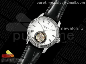 PP Tourbillon SS Texuted Bezel RMSF Edition White Dial on Black Leather Strap
