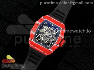 RM035-02 Quadrante rosso di carbonio ZF scheletro sulla cinturino in gomma nera NH05A V3+
