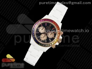Daytona Weiße Keramikgehäuse und Armband Schwarzes Regenbogen Zifferblatt Regenbogen Lünette Noob SA4130