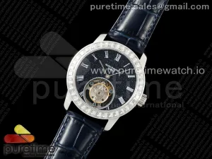 PP Tourbillon SS Diamonds Bezel RMSF Edition Black Starry Dial on Blue Leather Strap