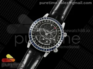Grand Complications 6102 SS 3KF Blue Diamonds Bezel Black Dial on Black Leather Strap A240
