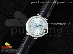 Ballon Bleu 33mm SS 3KF Cadran bleu glacé Lunette diamant sur Bracelet en cuir noir A076