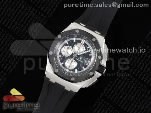 Royal Oak Offshore 44mm SS Lunette en céramique noire RSF Cadran noir/argent sur Bracelet en caoutchouc A3126