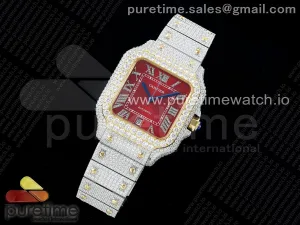 Santos 40mm Full Diamonds SS/YG TWF Red Roman Dial on Bracelet MIYOTA 9015