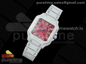 Santos 40mm Full Diamonds SS TWF Red Roman Dial on Bracelet MIYOTA 8215