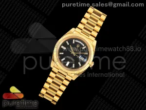 Day Date 40 YG EWEF Black Dial Crystal Markers on President Bracelet A3255 (158g)