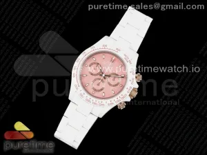 Daytona AET Gehäuse und Armband aus weißer Keramik, rosafarbenes Zifferblatt, Clean SA4130